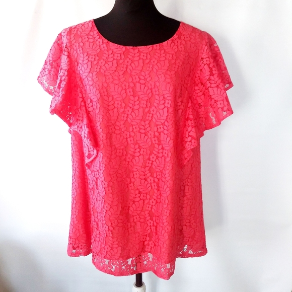 Merona Tops - Bright coral lace ruffle sleeve top